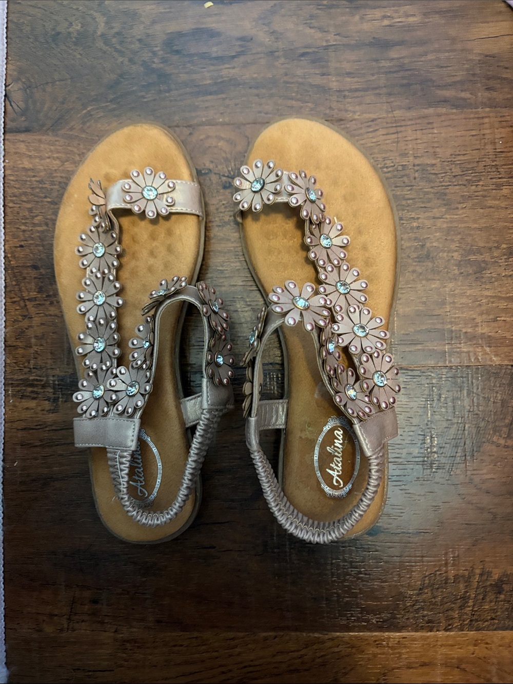 Embellished Brown Floral T-Strap Sandals